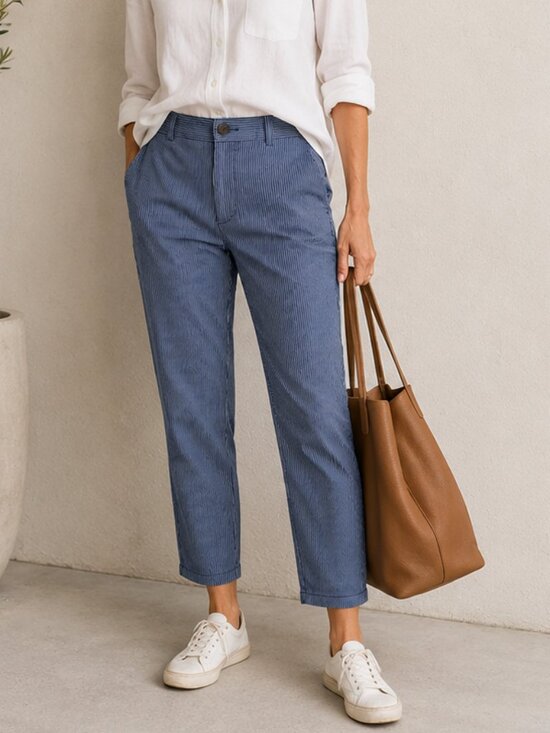 Marks & Spencer Pants - M&S Navy Pinstripe Cotton Chinos Size 14 Stretch Ankle Pants EUC